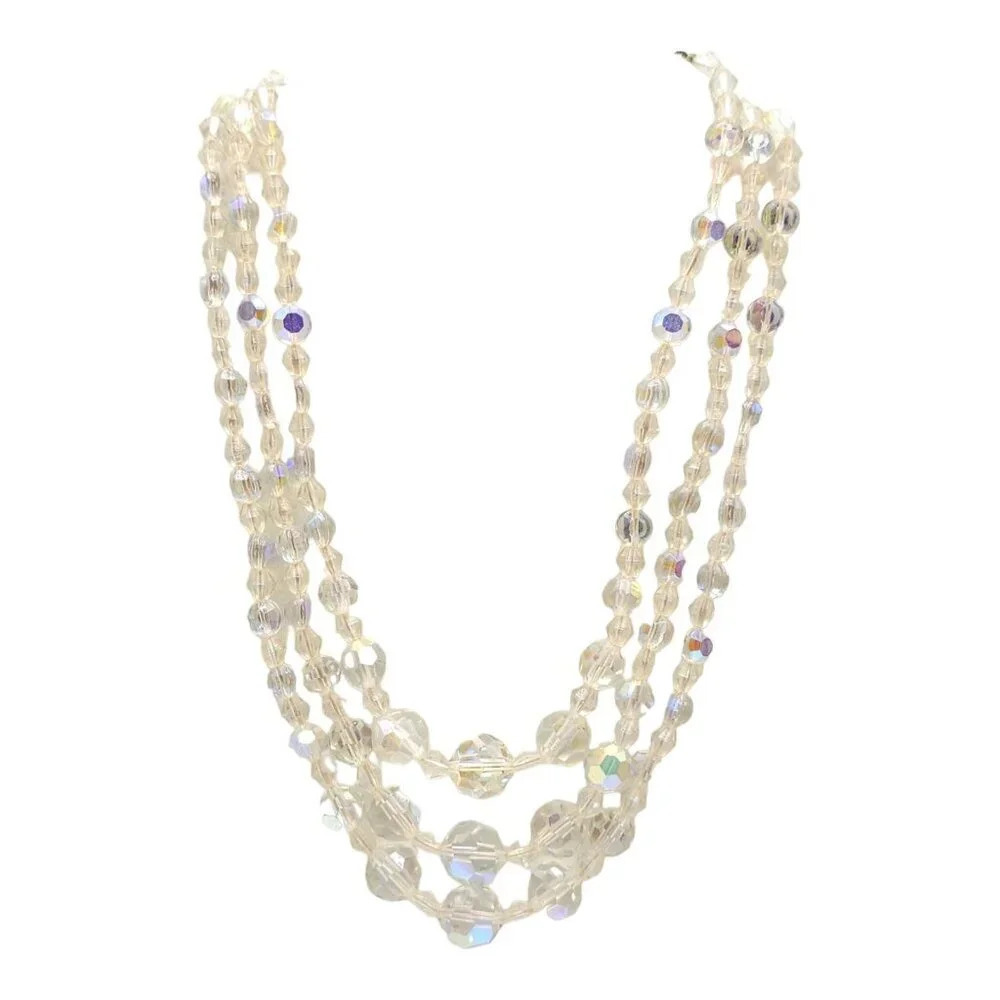 Three Strand Round Faceted Crystal Necklace Silver Tone Vintage 16.5"